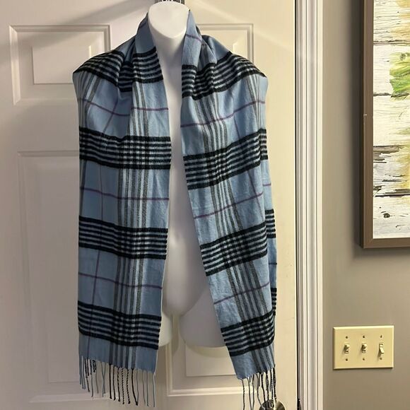 100% Cashmere Unisex Blue Plaid Tassel Winter Scarf 72” by 12.5” - Picture 1 of 12